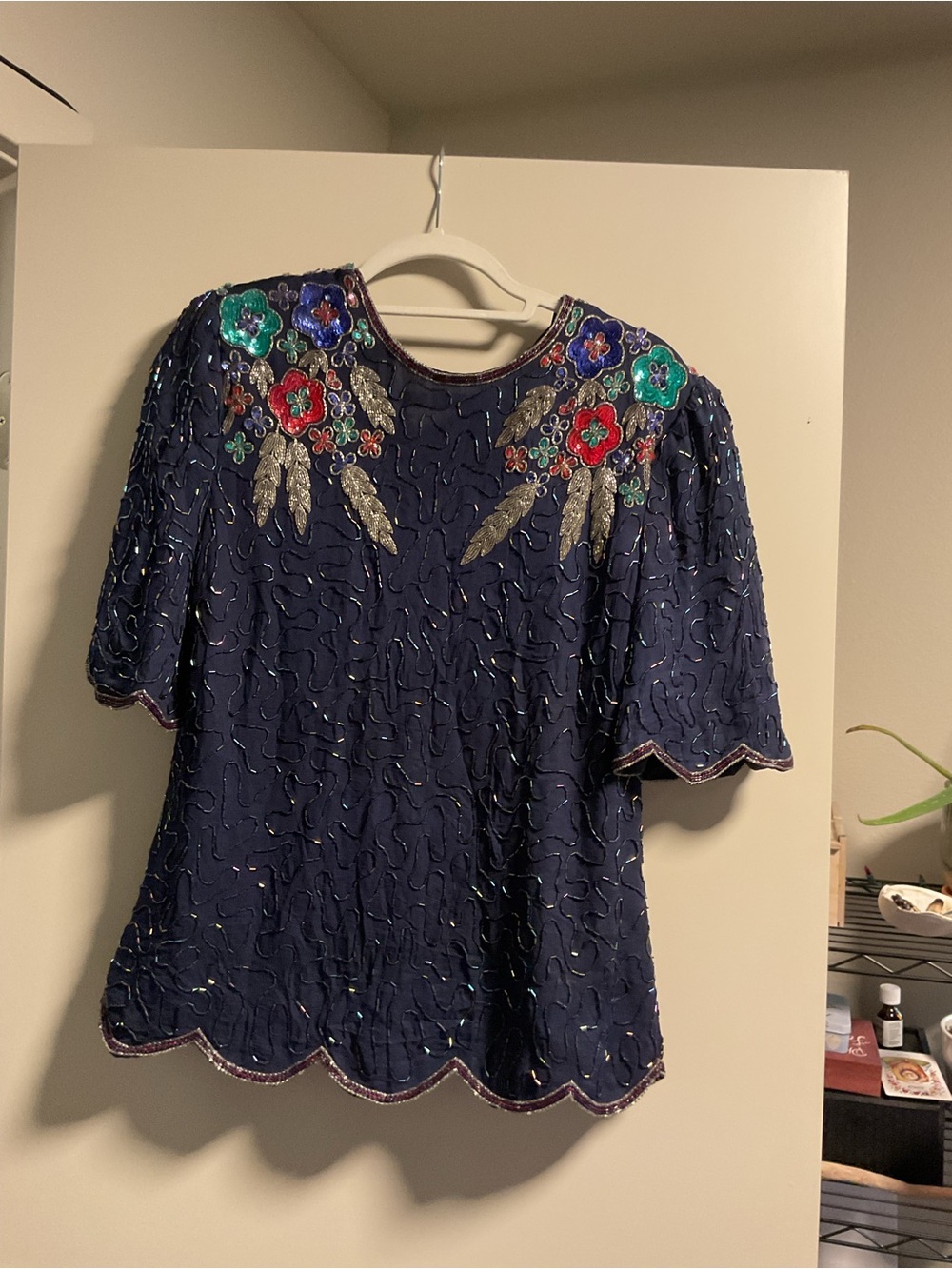 Laurence Kazar Navy Beaded Floral Embellished Top